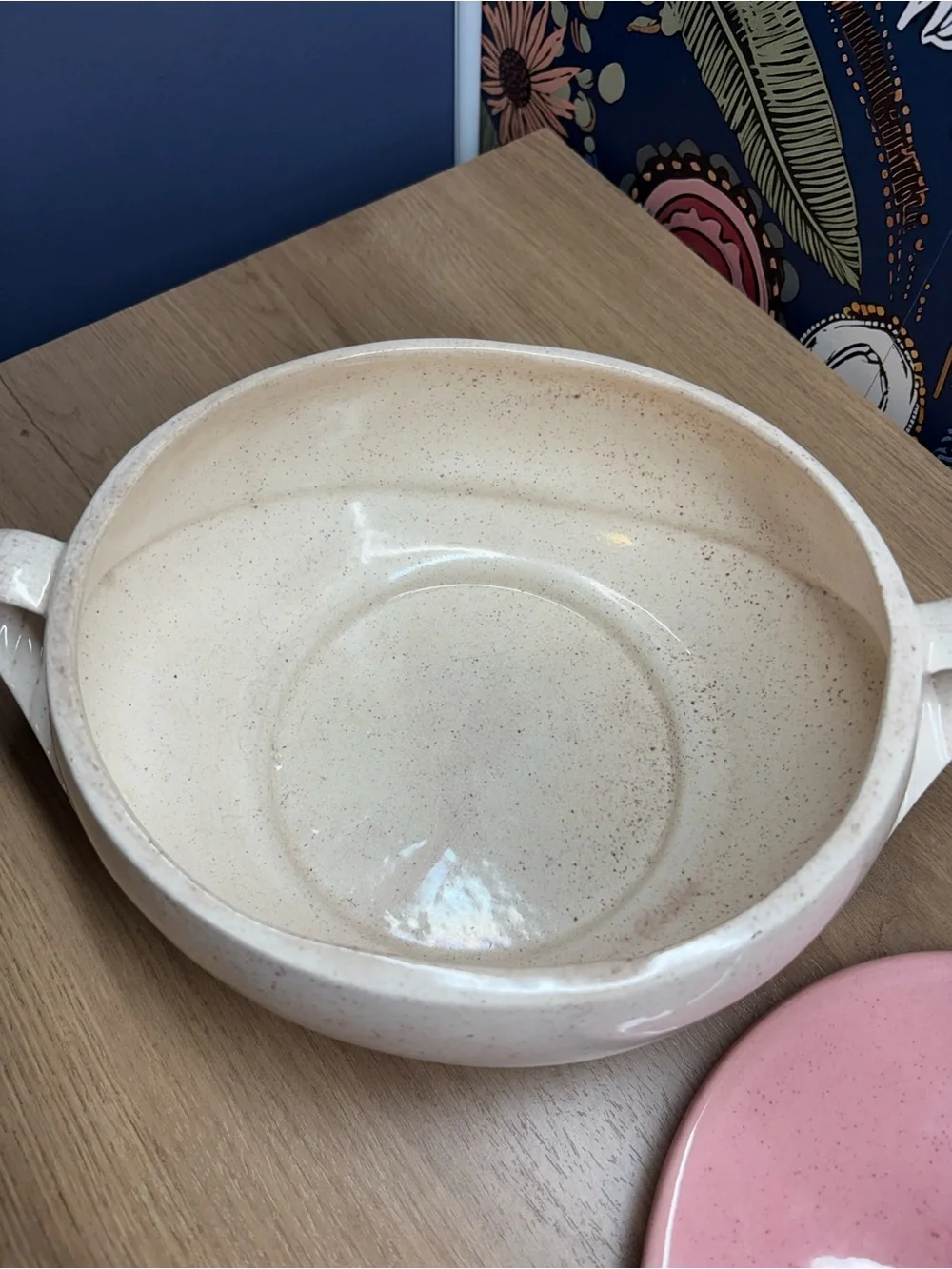 Vintage California Pottery MCM Casserole Dish Speckled White w Pink Lid